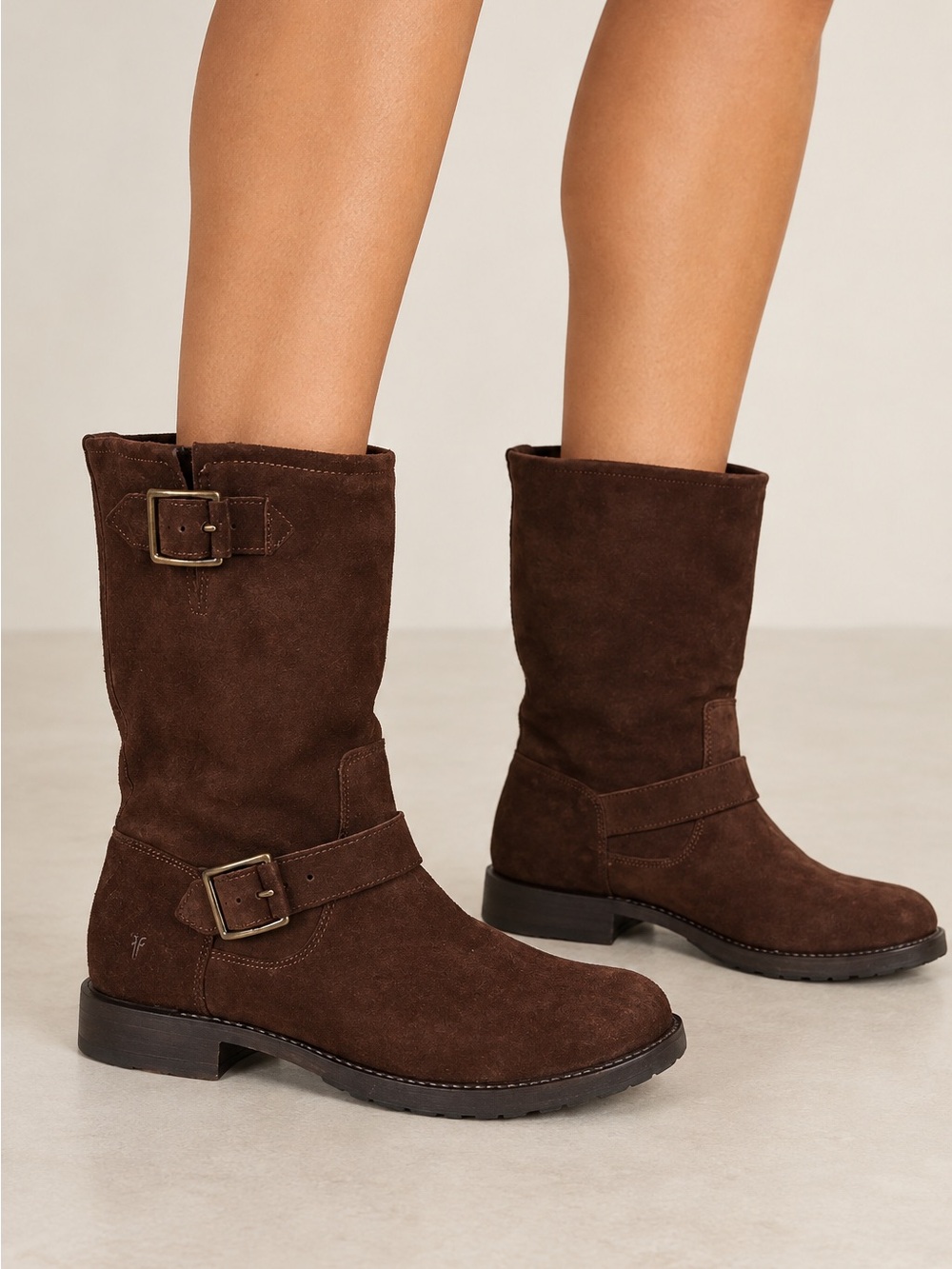 Frye Natalie Mid Engineer Brown Suede Leather Moto Buckle Boots size 9